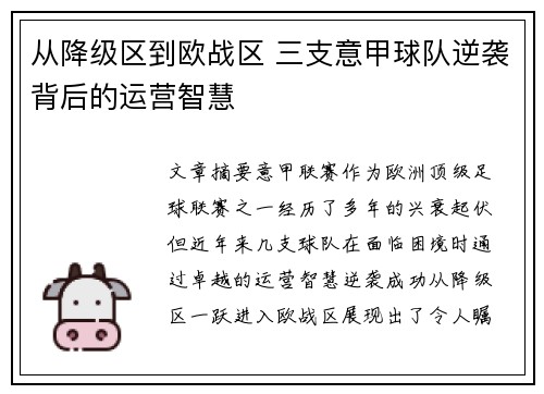 从降级区到欧战区 三支意甲球队逆袭背后的运营智慧