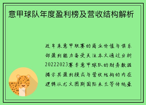 意甲球队年度盈利榜及营收结构解析